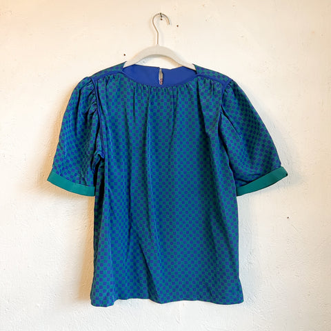 90s Blue & Green Checkered Blouse- Small