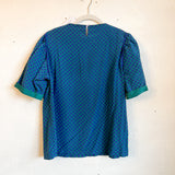 90s Blue & Green Checkered Blouse- Small
