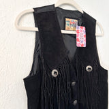 Black Suede Leather Fringe Vest- Small