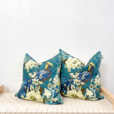 Pair of 22" Teal and Green Bird Floral Printed Linen