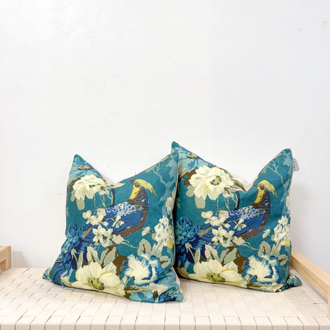 Pair of 22" Teal and Green Bird Floral Printed Linen