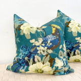 Pair of 22" Teal and Green Bird Floral Printed Linen