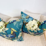 Pair of 22" Teal and Green Bird Floral Printed Linen