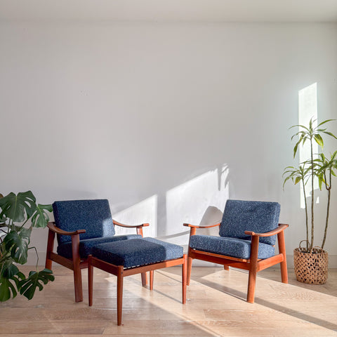 Pair of Danish Teak Chairs w/ Single Ottoman