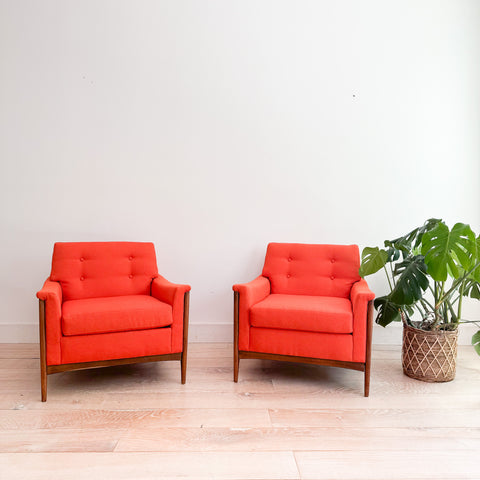Pair of Mid Century Lounge Chairs - New Orange Upholstery