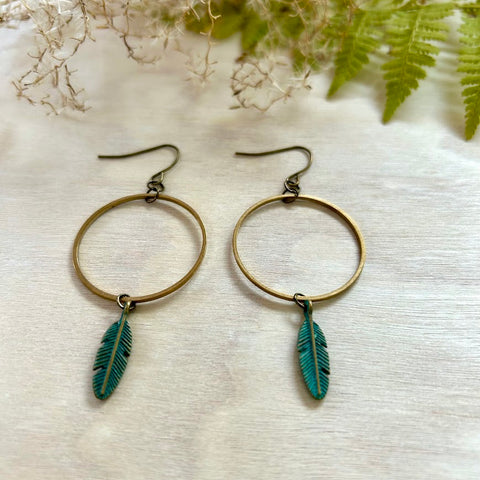 Small Circle + Tiny Feather Earrings