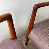 Pair of Sculpted Walnut Lounge Chairs w/ New Purple Upholstery