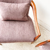 Pair of Sculpted Walnut Lounge Chairs w/ New Purple Upholstery
