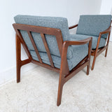 Pair of Mid Century Lounge Chairs w/ New Blue/Grey Tweed Upholstery