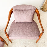 Pair of Sculpted Walnut Lounge Chairs w/ New Purple Upholstery