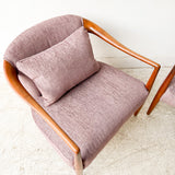 Pair of Sculpted Walnut Lounge Chairs w/ New Purple Upholstery