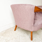 Pair of Sculpted Walnut Lounge Chairs w/ New Purple Upholstery