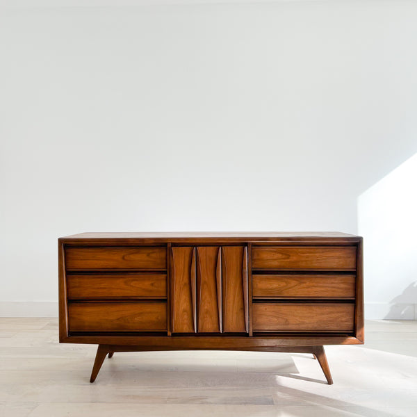 mid century modern dresser drawer pulls Mid Century Walnut Low Dresser w/ Sculpted Drawer Pulls