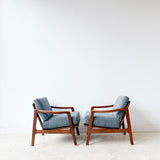 Pair of Mid Century Lounge Chairs w/ New Blue/Grey Tweed Upholstery