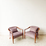 Pair of Sculpted Walnut Lounge Chairs w/ New Purple Upholstery