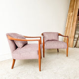 Pair of Sculpted Walnut Lounge Chairs w/ New Purple Upholstery