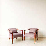 Pair of Sculpted Walnut Lounge Chairs w/ New Purple Upholstery
