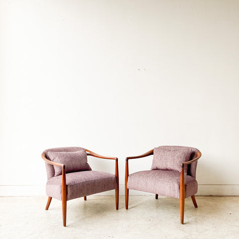 Pair of Sculpted Walnut Lounge Chairs w/ New Purple Upholstery