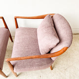 Pair of Sculpted Walnut Lounge Chairs w/ New Purple Upholstery