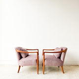 Pair of Sculpted Walnut Lounge Chairs w/ New Purple Upholstery