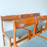 Set of 6 Danish Teak Dining Chairs w/ New Blue/Grey Upholstery