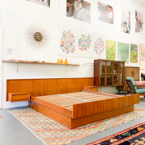 Mid Century Danish Teak King Size Platform Bed with Floating Nightstands