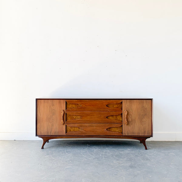 mid century modern legs for dresser Mid Century Modern Burl + Bookmatched Dresser with Sculpted Legs – Atomic  Furnishing & Design