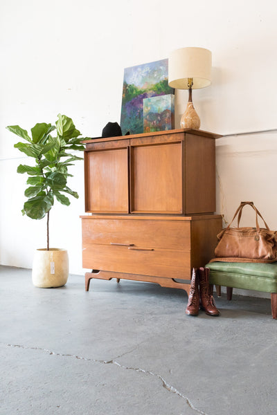 Mid Century Modern Highboy Dresser with Burlwood Details – Atomic Furnishing & Design