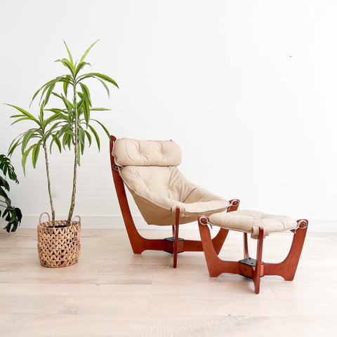 Modern Luna Chair + Ottoman - Beige Leather