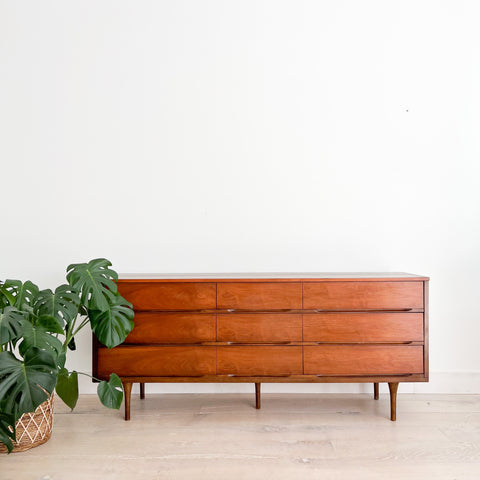 Mid Century Walnut 9 Drawer Low Dresser