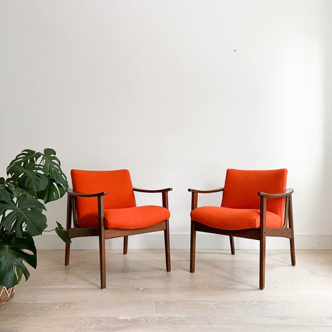 Pair of Mid Century Lounge Chairs - New Orange Upholstery