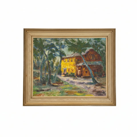 60s House Oil Painting in Original Frame