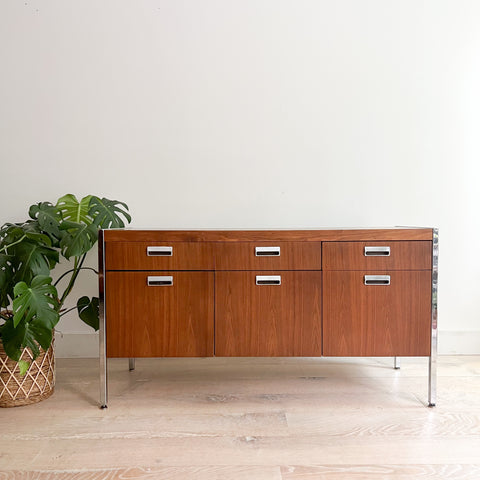 Mid Century Walnut + Chrome Credenza