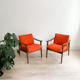 Pair of Mid Century Lounge Chairs - New Orange Upholstery