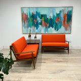 2 Part Mid Century Sofa w/ New Orange Upholstery