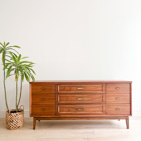 Mid Century Walnut 9 Drawer Low Dresser