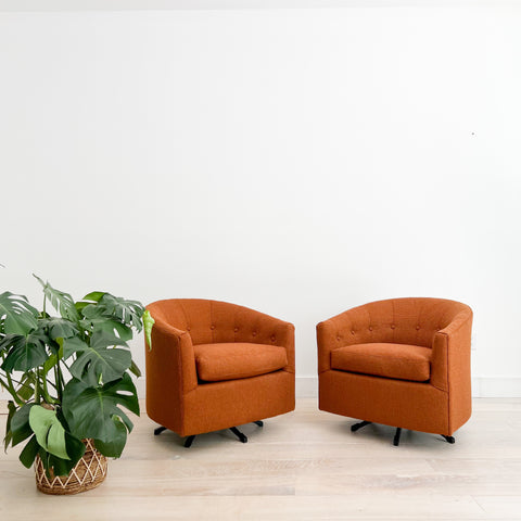 Pair of Swivel Chairs w/ New Burnt Orange Upholstery