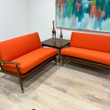 2 Part Mid Century Sofa w/ New Orange Upholstery