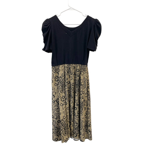 80s Black Puff Sleeve Boho Dress- Small