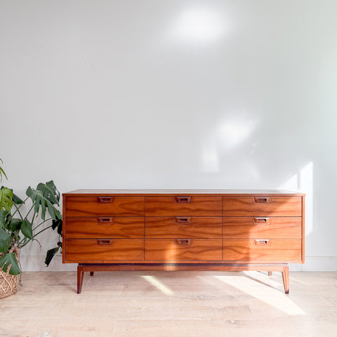 Mid Century Walnut Low 9 Drawer Dresser