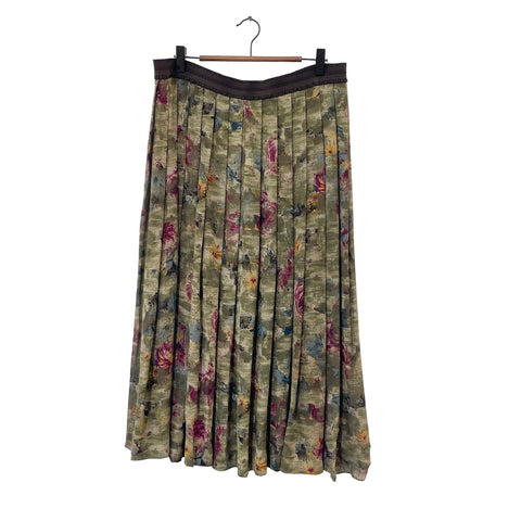 Vintage Silk Green Floral Pleated Skirt