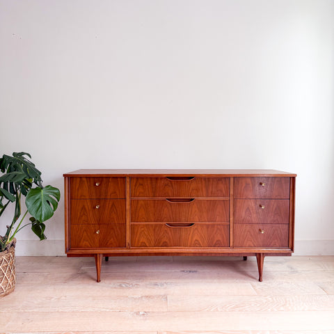 Mid Century Walnut Dresser with Brass Drawer Pulls