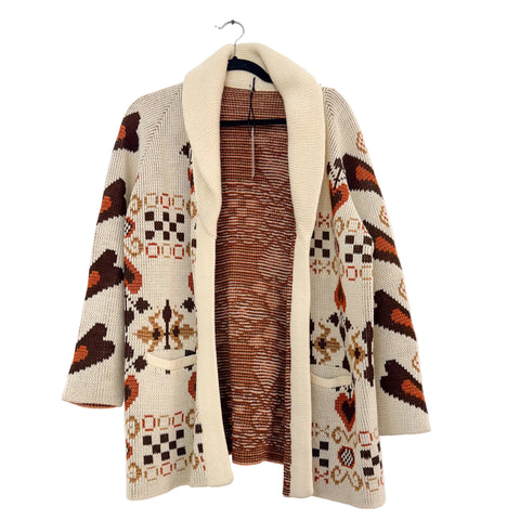 Vintage Cream w/Orange-Brown Hearts Knit Cardigan