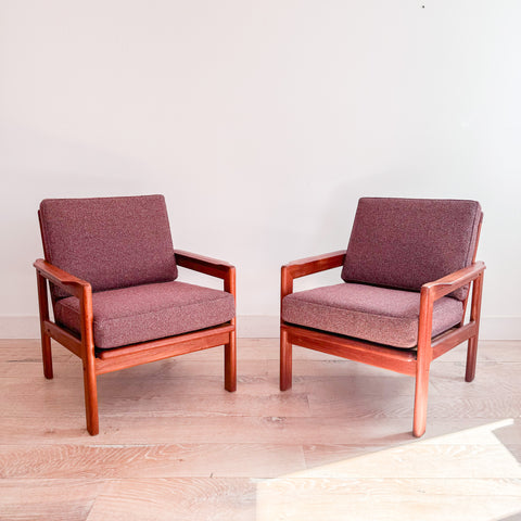 Pair of Danish Teak Lounge Chairs - Mauve Upholstery