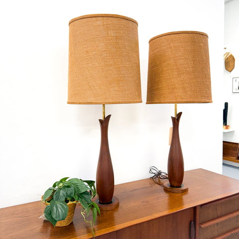 Pair of Mid Century Walnut Lamps