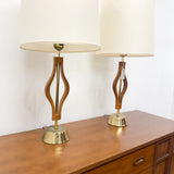 Pair of Mid Century Bentwood w/Brass Lamps