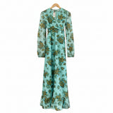 60s Floral Blue Sheer Sleeve Maxi Dress