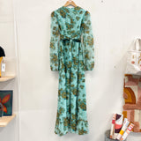 60s Floral Blue Sheer Sleeve Maxi Dress