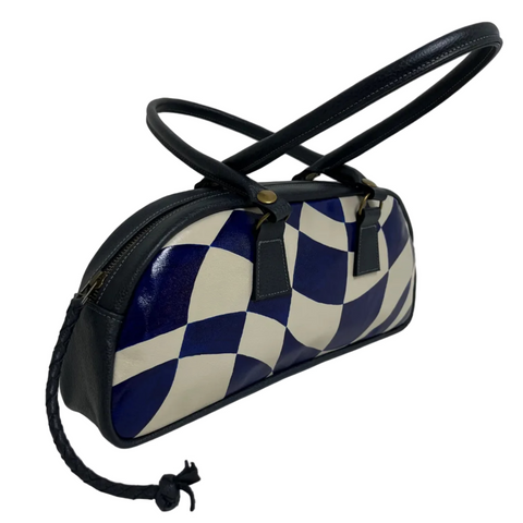 Hand Painted Wavy Checkered Bowling Handbag - Blu.