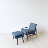 Mid Century Lounge Chair and Ottoman w/ Blue Tweed Upholstery